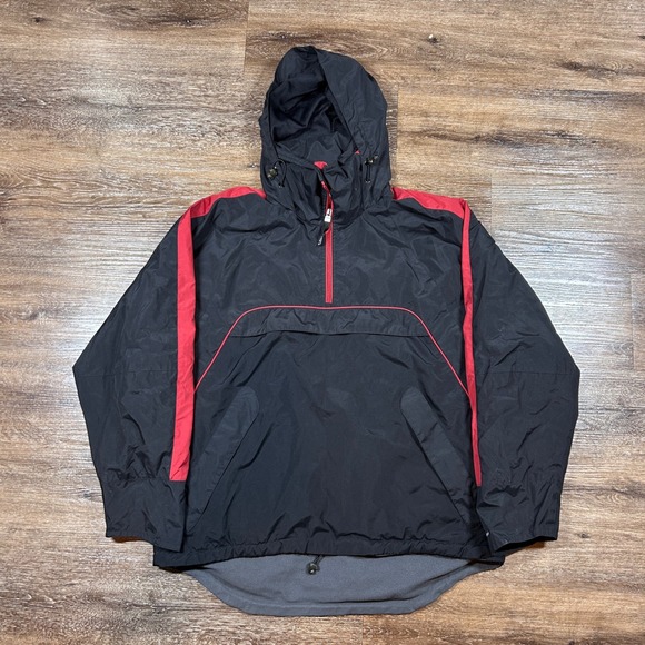 Reebok Pullover Jacket Mens Medium Black Red Hooded Anorak Lightweight Athletic - Picture 1 of 7